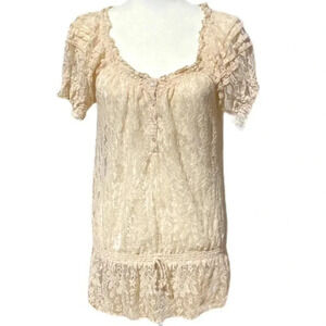 NY‎ Collection Size Small Sheer Lace Feminine Peasant Blouse Short Sleeve​​​